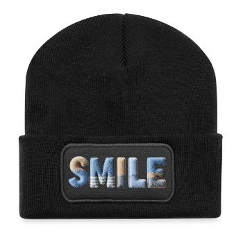 Smile Patchwork Trend Lettering Stil Handmade - Recycelte Patch Beanie - Schwarz - Vorne