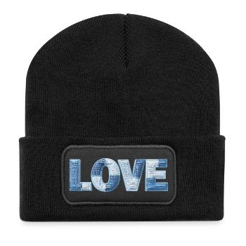 LOVE Patchwork Trend Lettering Fabric Look - Recycled Patch Beanie - black - Front