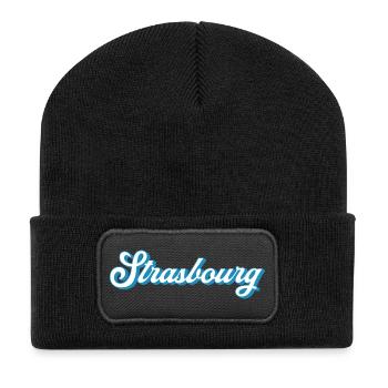 Strasbourg Lettering – Retro France Style - Recycled Patch Beanie - black - Front