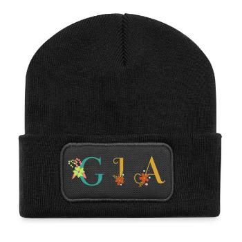 GIA Namenskunst mit gestickten Blumen - Recycelte Patch Beanie - Schwarz - Vorne