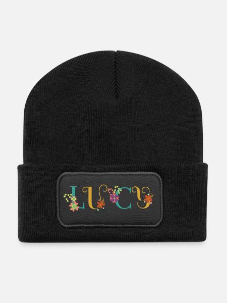 LUCY Namenskunst mit Blumen bestickt - Recycelte Patch Beanie - Schwarz