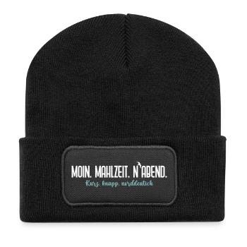 Moin Mahlzeit N'Abend – Norddeutscher Humor - Recycelte Patch Beanie - Schwarz - Vorne