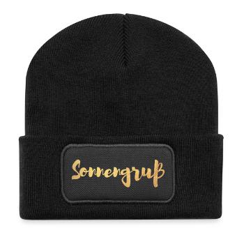 Sonnengruß Yoga Sonne Gold Handschrift om Namaste - Recycelte Patch Beanie - Schwarz - Vorne