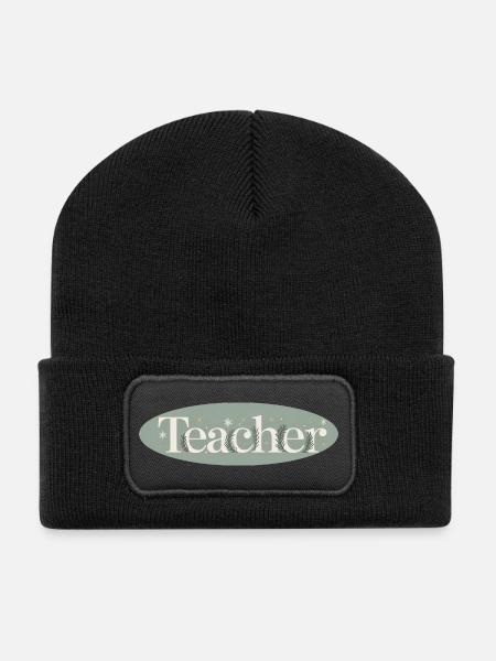 Winter Teacher Lettering Fir Branches - Recycled Patch Beanie - black