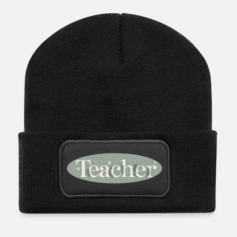 Winter Teacher Lettering Fir Branches - Recycled Patch Beanie - black