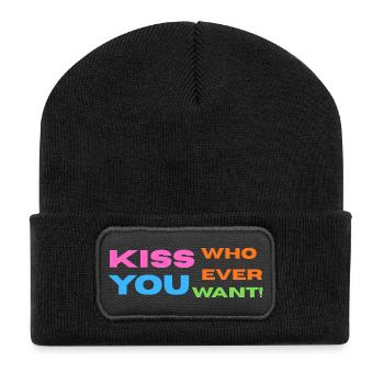 Pride / CSD / LGBTQ+ Design "Kiss" - Recycelte Patch Beanie - Schwarz - Vorne