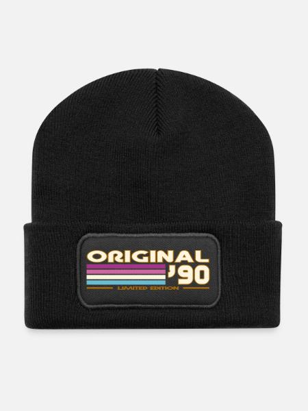 Originale 90er Retro-Streifen - Recycelte Patch Beanie - Schwarz