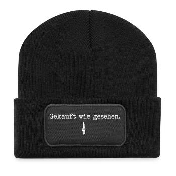 Gekauft wie gesehen Werkstatt & Schrauber Spruch - Recycelte Patch Beanie - Schwarz - Vorne