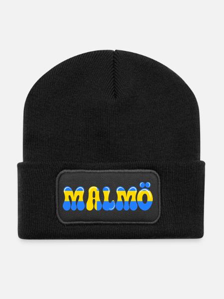 Malmö Blau-Gelb, Typo-Stadt, Schweden, - Recycelte Patch Beanie - Schwarz