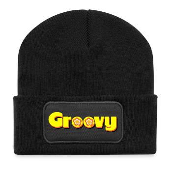 Groovy 70er Jahre Blume Blüte - Recycelte Patch Beanie - Schwarz - Vorne