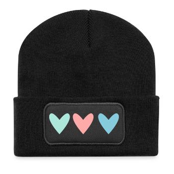 HERZ. HERZ. HERZ. VALENTINSTAG. LIEBE. LIEBE - Recycelte Patch Beanie - Schwarz - Vorne