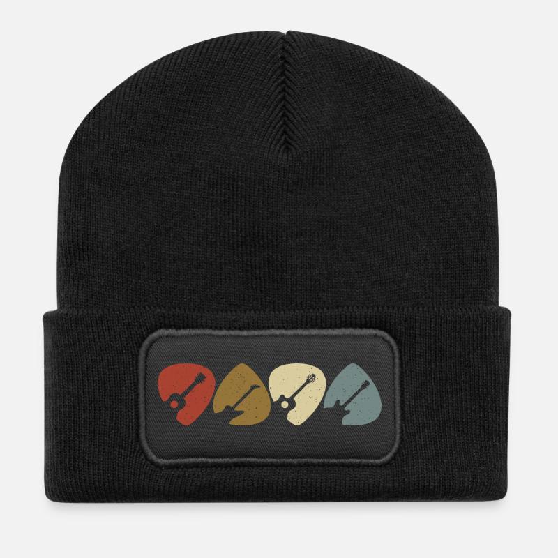 Retro Vintage Gitarre Plektrum Spieler - Recycelte Patch Beanie - Schwarz
