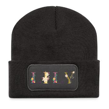 LILY Name mit Blumen geschmückt - Recycelte Patch Beanie - Dunkelgrau - Vorne