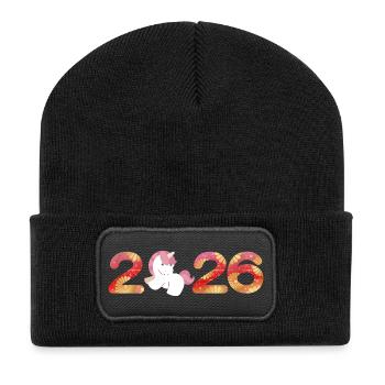 Kawaii 2026 Chinesisches Neujahrsfest - Recycelte Patch Beanie - Schwarz - Vorne