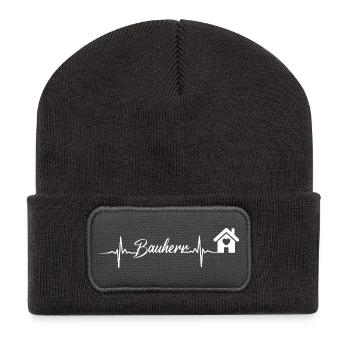 HausHerz Herzschlag Script - Recycelte Patch Beanie - Dunkelgrau - Vorne