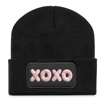 Plush Patchwork XOXO Design Pink - Recycled Patch Beanie - black - Front