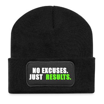 No excuses. Just results. - Recycelte Patch Beanie - Schwarz - Vorne