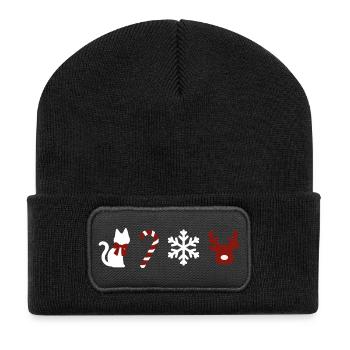 Weihnachtskatze & Rentier - Recycelte Patch Beanie - Schwarz - Vorne