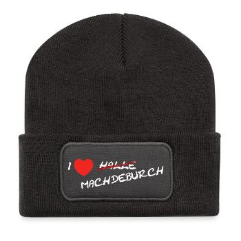 Magdebourg / Halle / Sachsen-Anhalt / cadeaux - Beanie recyclé à patch - charbon - Devant
