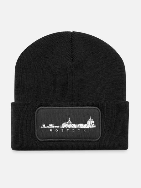 Rostock Skyline (Vintage Weiß) - Recycelte Patch Beanie - Schwarz