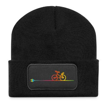 buntes Elektrokabel mit Stecker und Fahrrad - Recycelte Patch Beanie - Schwarz - Vorne