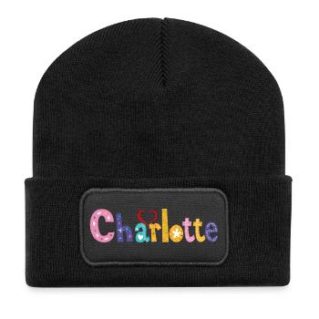 Charlotte Familie Charlotte Name Benutzerdefinierter Geburtstag - Recycelte Patch Beanie - Schwarz - Vorne