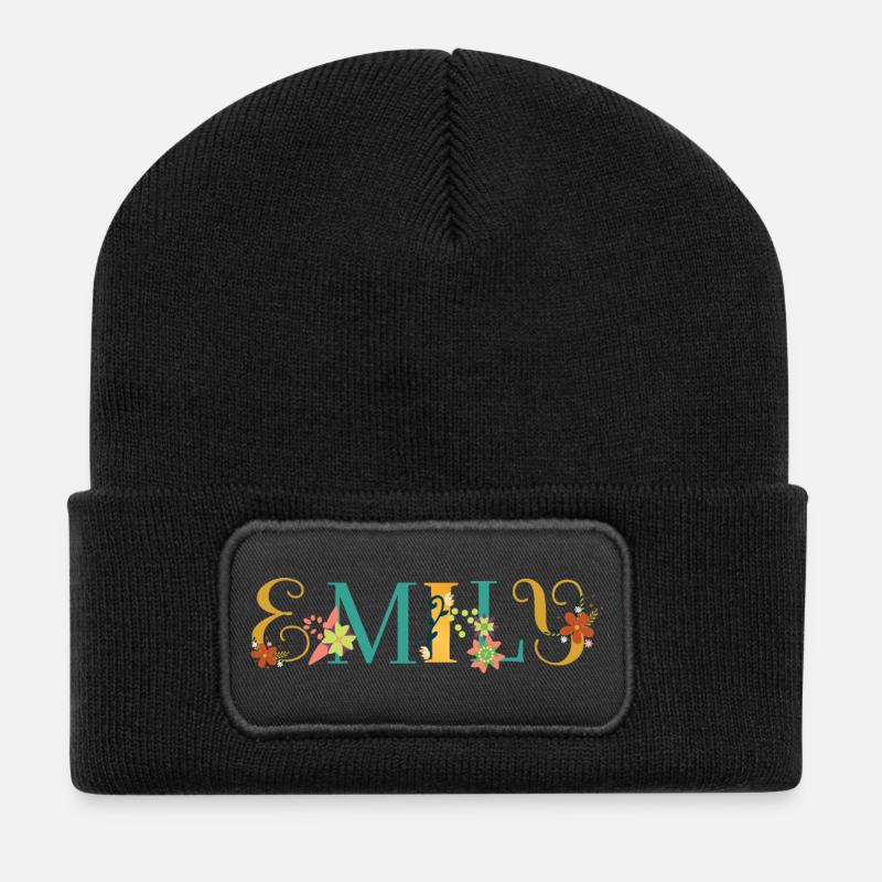 EMILY Name Art mit gestickten Blumen - Recycelte Patch Beanie - Schwarz