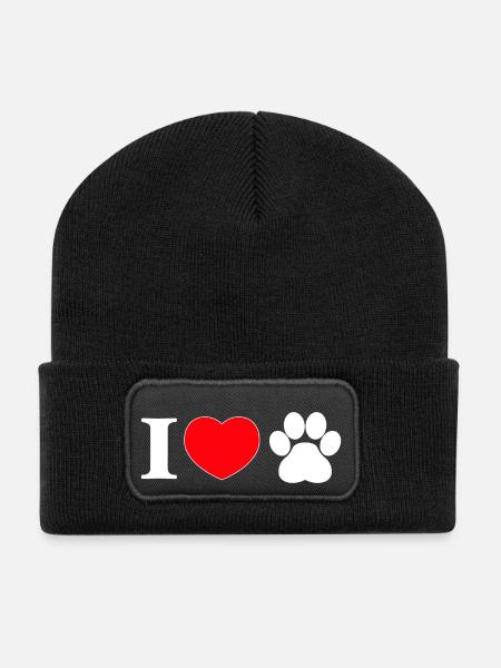 "I love" with paw print - Recycled Patch Beanie - black