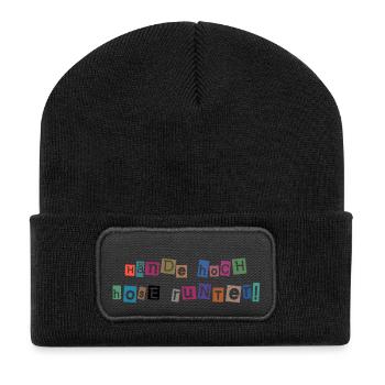 Hände hoch – Hosen runter! Freches Collagen-Design - Recycelte Patch Beanie - Schwarz - Vorne