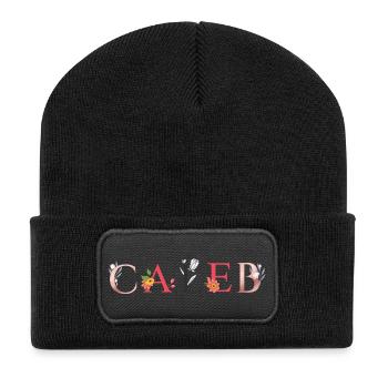 CALEB Namenskunst mit gestickten Blumen - Recycelte Patch Beanie - Schwarz - Vorne