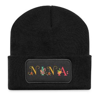 NINA Namenskunst mit gestickten Blumen - Recycelte Patch Beanie - Schwarz - Vorne