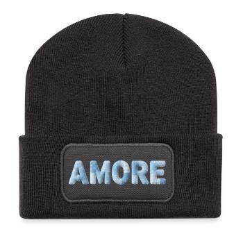 Amore Lettering Patchwork Design Blue - Recycled Patch Beanie - dark grey - Front