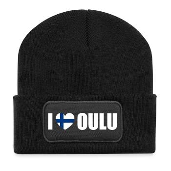 I love Oulu Finnland - Recycelte Patch Beanie - Schwarz - Vorne