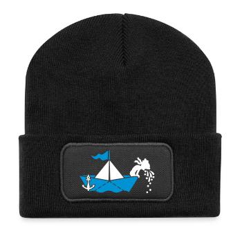 Seekrank auf Papierboot / seasick on paperboat (2c - Recycled Patch Beanie - black - Front