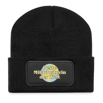 Goldene Serie - beste Mitarbeiterin mit Weltkugel - Recycelte Patch Beanie - Schwarz - Vorne