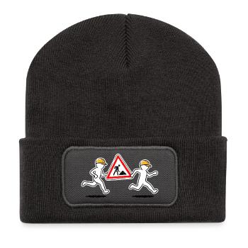 Zwei Bauarbeiter tragen ein Baustellenschild - Recycelte Patch Beanie - Dunkelgrau - Vorne