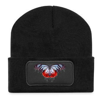 Schmetterling mit blauen und roten Flecken - Recycelte Patch Beanie - Schwarz - Vorne