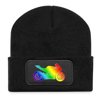 Supersport Motorrad in Regenbogenfarben - Recycelte Patch Beanie - Schwarz - Vorne