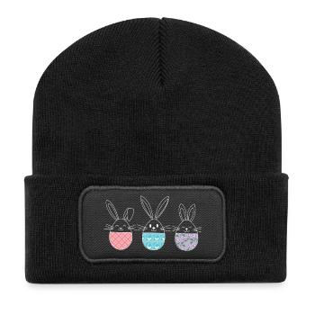 Ostern, süße Osterhasen Ostereier Zeichnung - Recycelte Patch Beanie - Schwarz - Vorne