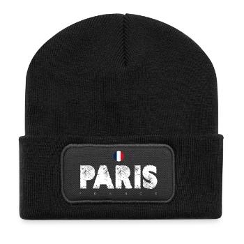 Paris Distressed Glyphen mit französischer Flagge - Recycelte Patch Beanie - Schwarz - Vorne