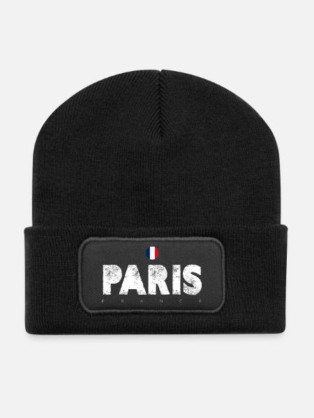 Paris Distressed Glyphen mit französischer Flagge - Recycelte Patch Beanie - Schwarz