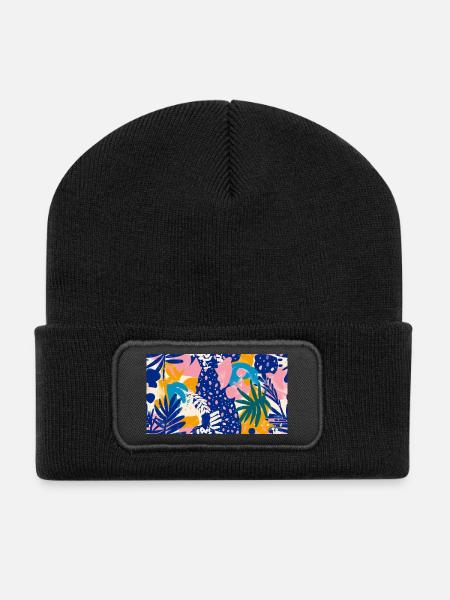 Tropical Abstract Pattern - Recycled Patch Beanie - black