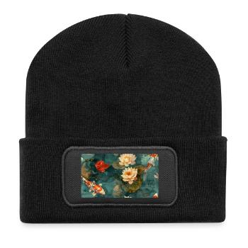 Koi and Lotus Flowers on Teal Water - Recycled Patch Beanie - black - Front
