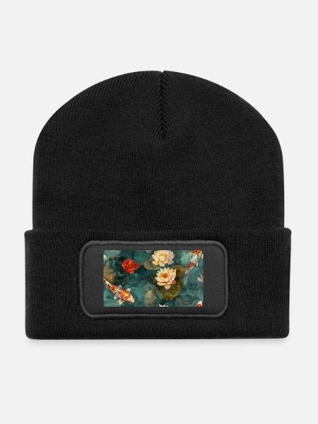Koi and Lotus Flowers on Teal Water - Recycled Patch Beanie - black