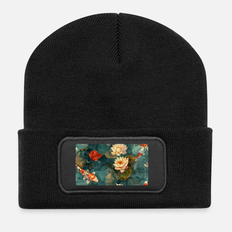 Koi und Lotusblüten auf blaugrünem Wasser - Recycelte Patch Beanie - Schwarz
