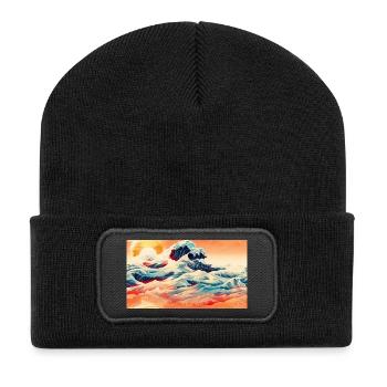 Vagues du coucher de soleil à Ukiyoe - Beanie recyclé à patch - noir - Devant