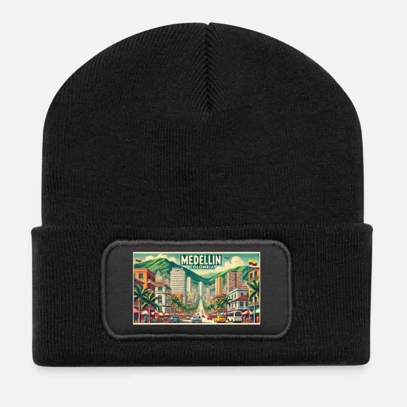 Medellin Columbia Vintage Design - Recycled Patch Beanie - black
