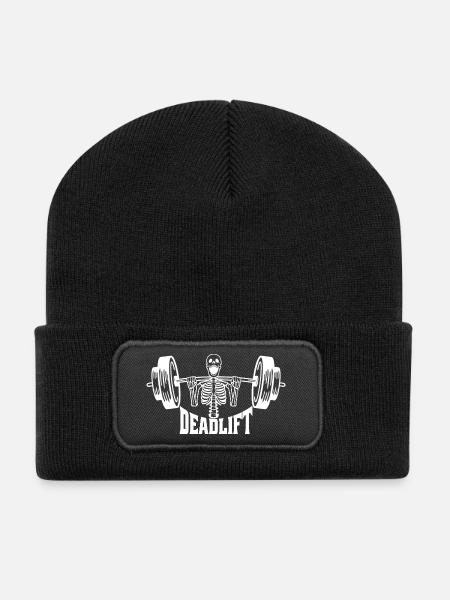 Skelett Kreuzheben Gym Illustration - Recycelte Patch Beanie - Schwarz