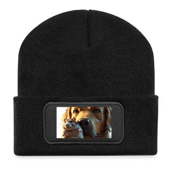 Hunde und goldiger Hamster in Nahaufnahme - Recycelte Patch Beanie - Schwarz - Vorne