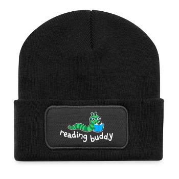 Lesefreund Niedlicher Bücherwurm Mit Buch - Recycelte Patch Beanie - Schwarz - Vorne